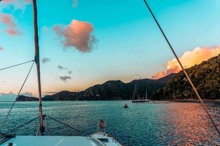 Beautiful view of a mountain range during sunset in the Caribbean.