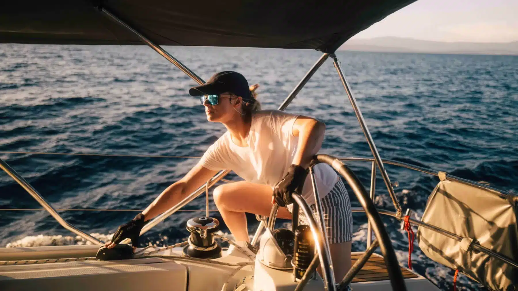 Eine Person, die die Seile auf einer Segelyacht bedient, trägt eine Sonnenbrille und eine Mütze und segelt bei Sonnenuntergang auf dem Meer.