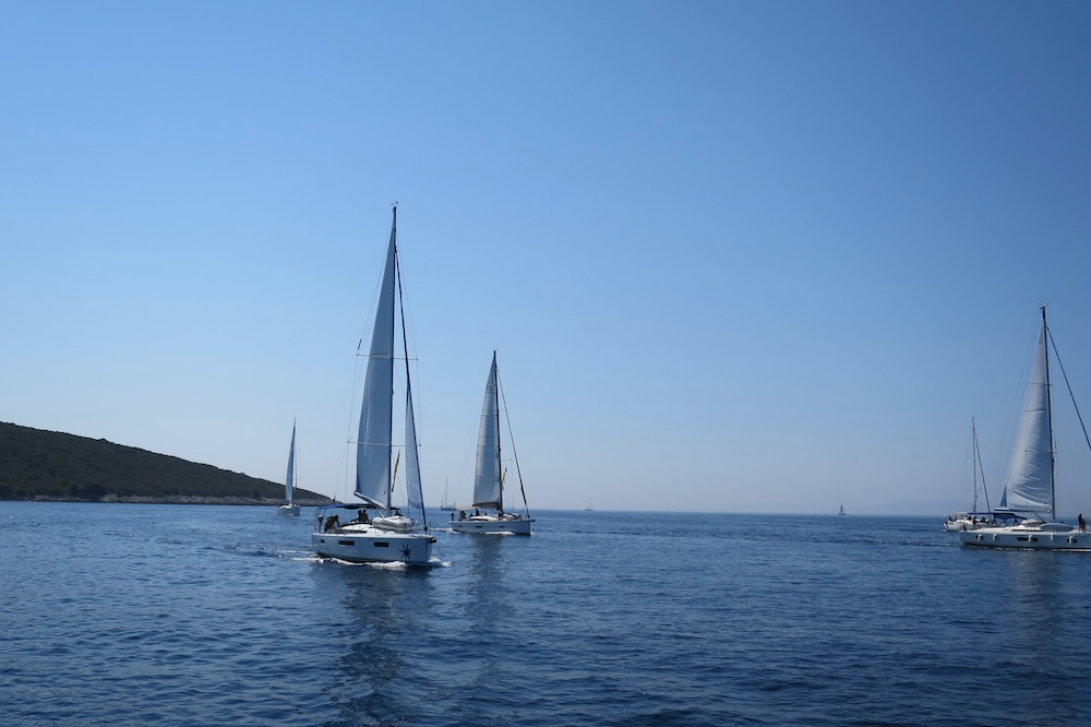 Mehrere Segelboote auf einem ruhigen blauen Meer unter klarem Himmel während ihrer Segelreise, in der Ferne sind Hügel sichtbar.