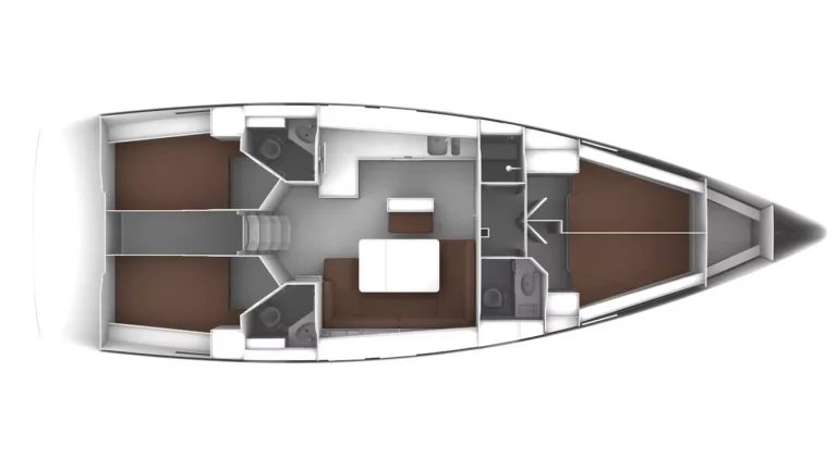 Draufsicht auf den Grundriss eines Segelboots, das eine Kabine mit verschiedenen Räumen einschließlich Sitzbereichen und einem zentralen Steuermechanismus zeigt, alles in Graustufen dargestellt.