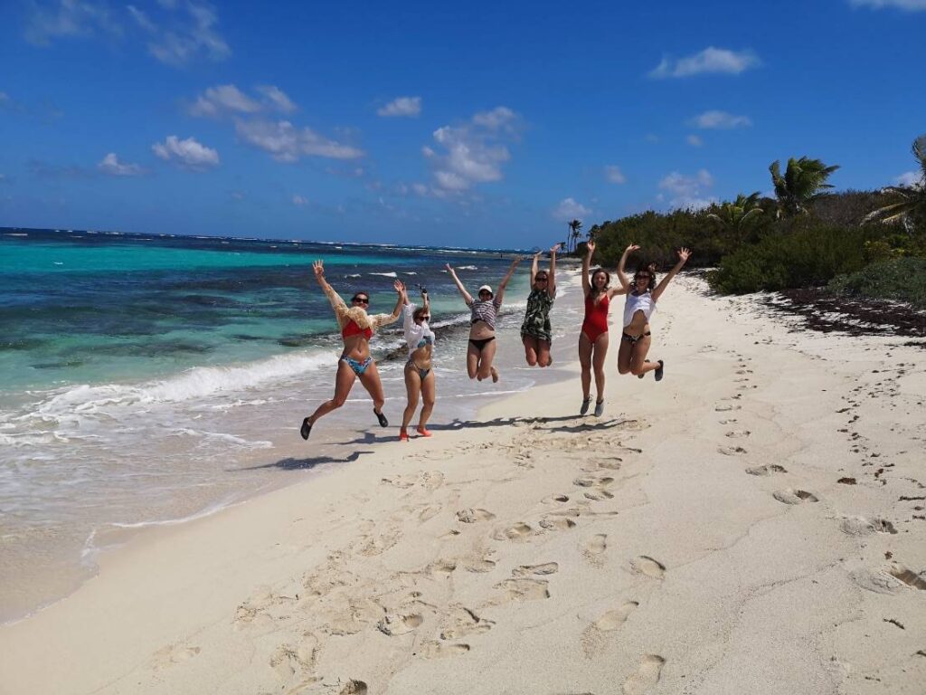 A group of six people in swimsuits jump into the air on a beautiful sandy beach, celebrating their sailing trip. The clear turquoise sea and the bright blue sky with scattered clouds serve as the backdrop, while tropical greenery lines the shore in the distance.