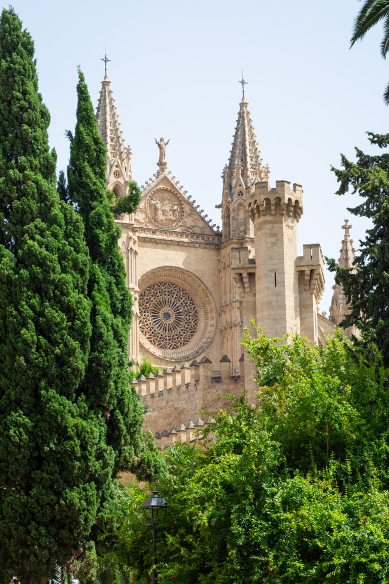 Eine große, historische Kathedrale mit komplizierten architektonischen Details und hohen Türmen erhebt sich über üppigen grünen Bäumen. Die Fassade verfügt über ein großes, kunstvolles rundes Buntglasfenster. Der klare blaue Himmel im Hintergrund erinnert an eine friedliche Segelreise entlang ruhiger Gewässer.
