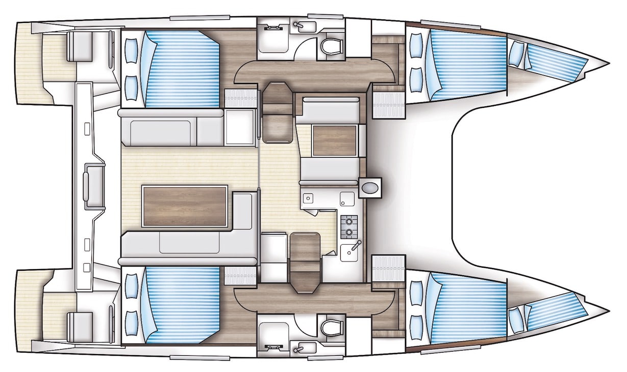 Draufsicht auf eine Segelyacht mit verschiedenen Räumen, darunter Deck, Schlafzimmer, Badezimmer, Küche und Wohnbereiche, gestaltet in den Farben Blau, Braun und Weiß.