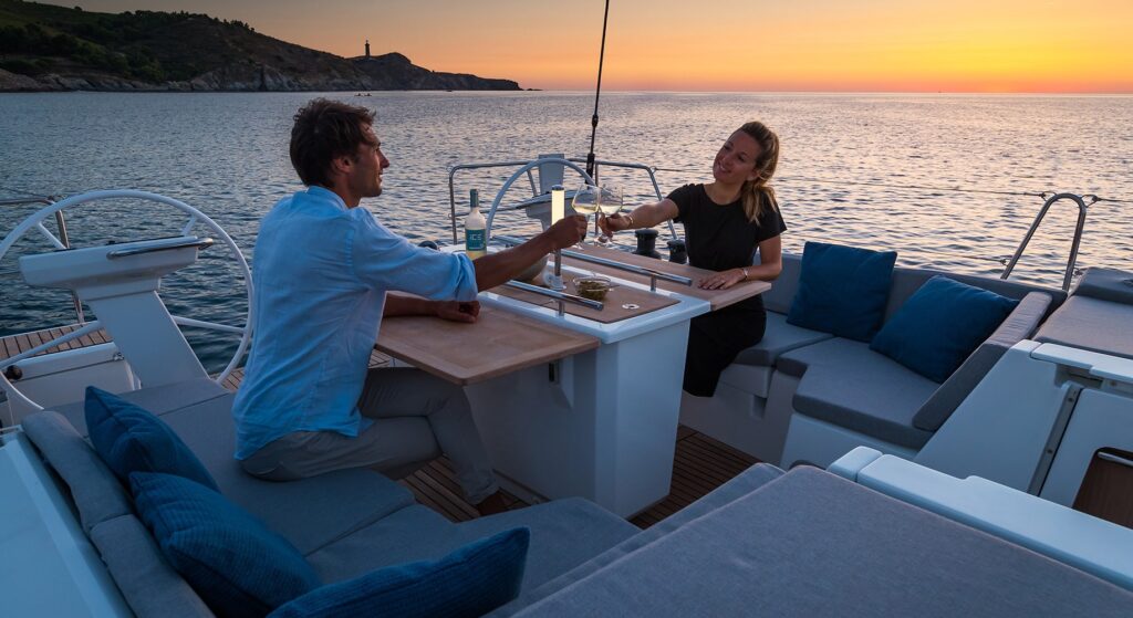 Ein Mann und eine Frau stoßen bei Sonnenuntergang auf einer Segelyacht an. Sie sitzen an einem Tisch, zwischen ihnen eine Flasche Wein, umgeben von weichen Kissen. Im Hintergrund sind ein ruhiges Meer und eine Küstenlandschaft mit einem Leuchtturm auf einem Hügel zu sehen. Mitsegeln verleiht ihrem Abend eine zusätzliche abenteuerliche Note. Bordleben und kulinarische Highlights: Ein Genuss für Gourmets