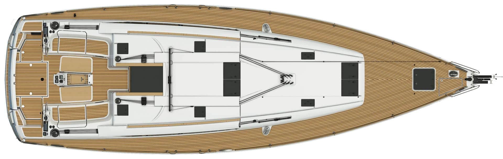 Draufsicht auf einen Luxus-Katamaran mit Holzdeck, mehreren Loungebereichen, einer Kabine und anspruchsvollem Layout.