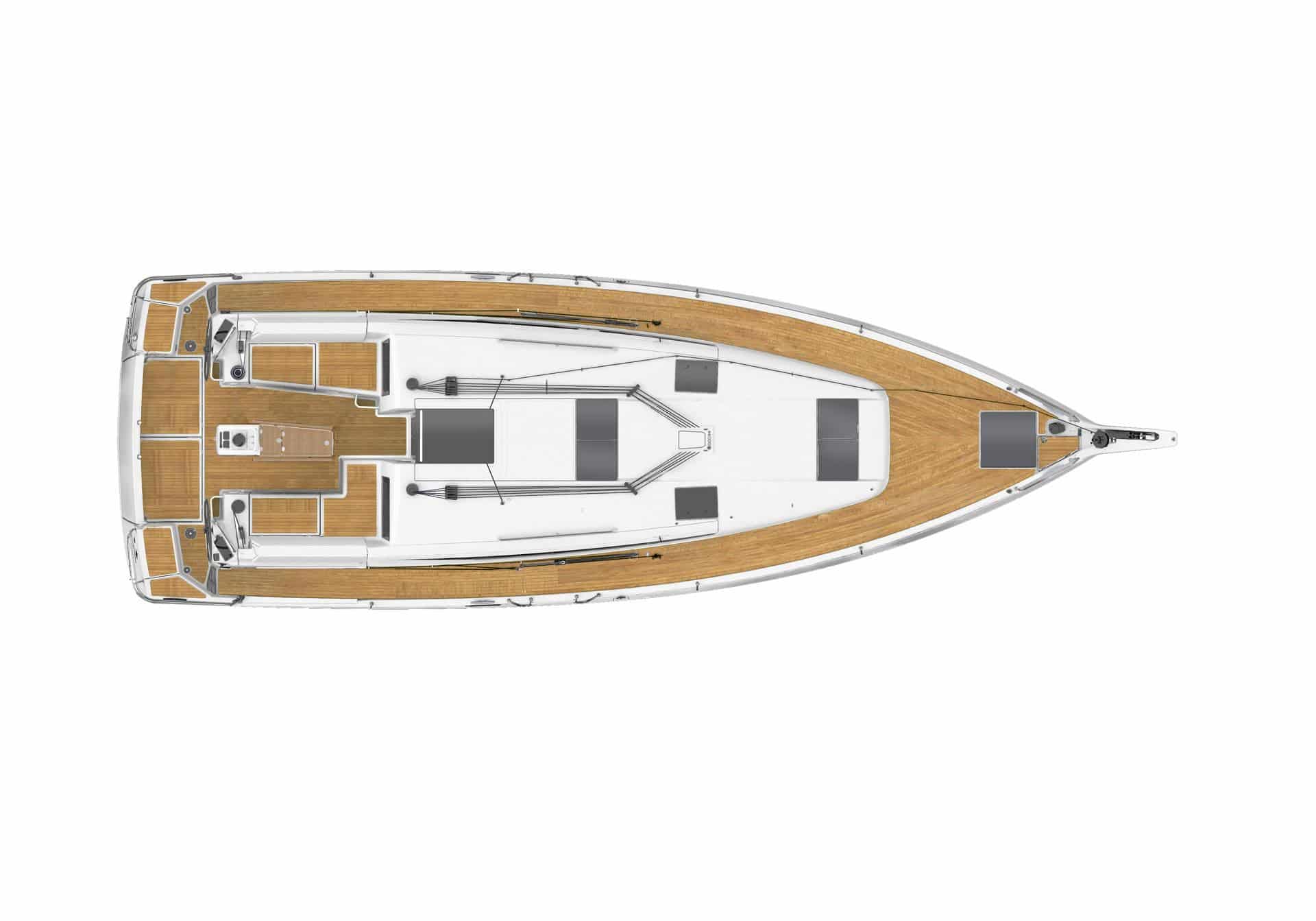 Draufsicht auf eine luxuriöse Segelyacht mit Holzdeck, Sitzbereichen und einer Kabine, isoliert auf weißem Hintergrund.