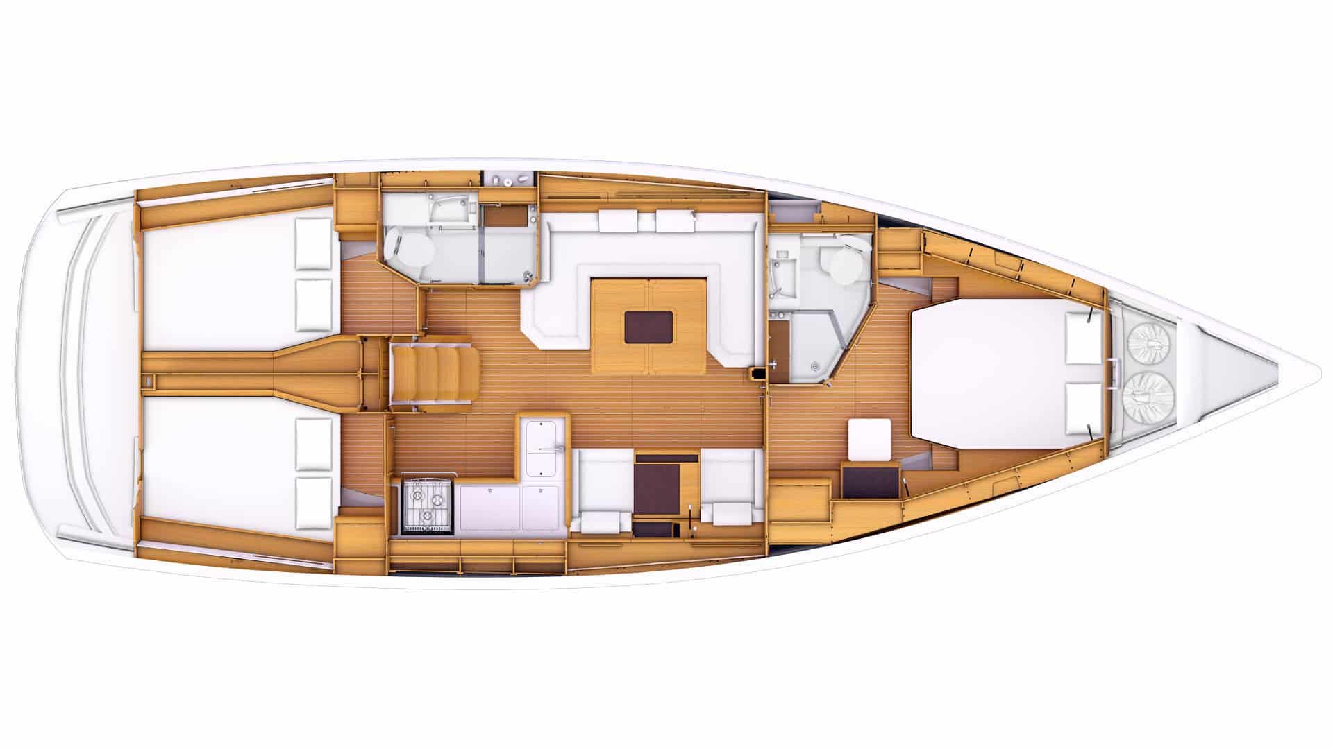 Draufsicht auf den Grundriss einer Segelyacht mit mehreren Räumen, darunter einem Essbereich, Schlafzimmern und Badezimmern, alle detailliert mit Möbelanordnung auf einem Holzdeck.