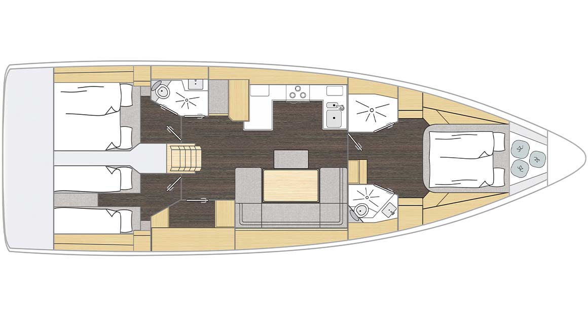 Von oben betrachteter Architekturplan einer Segelyacht, der die Innenaufteilung mit ausgewiesenen Bereichen für Betten, Sitzbereiche, eine Küche und Badezimmer zeigt.