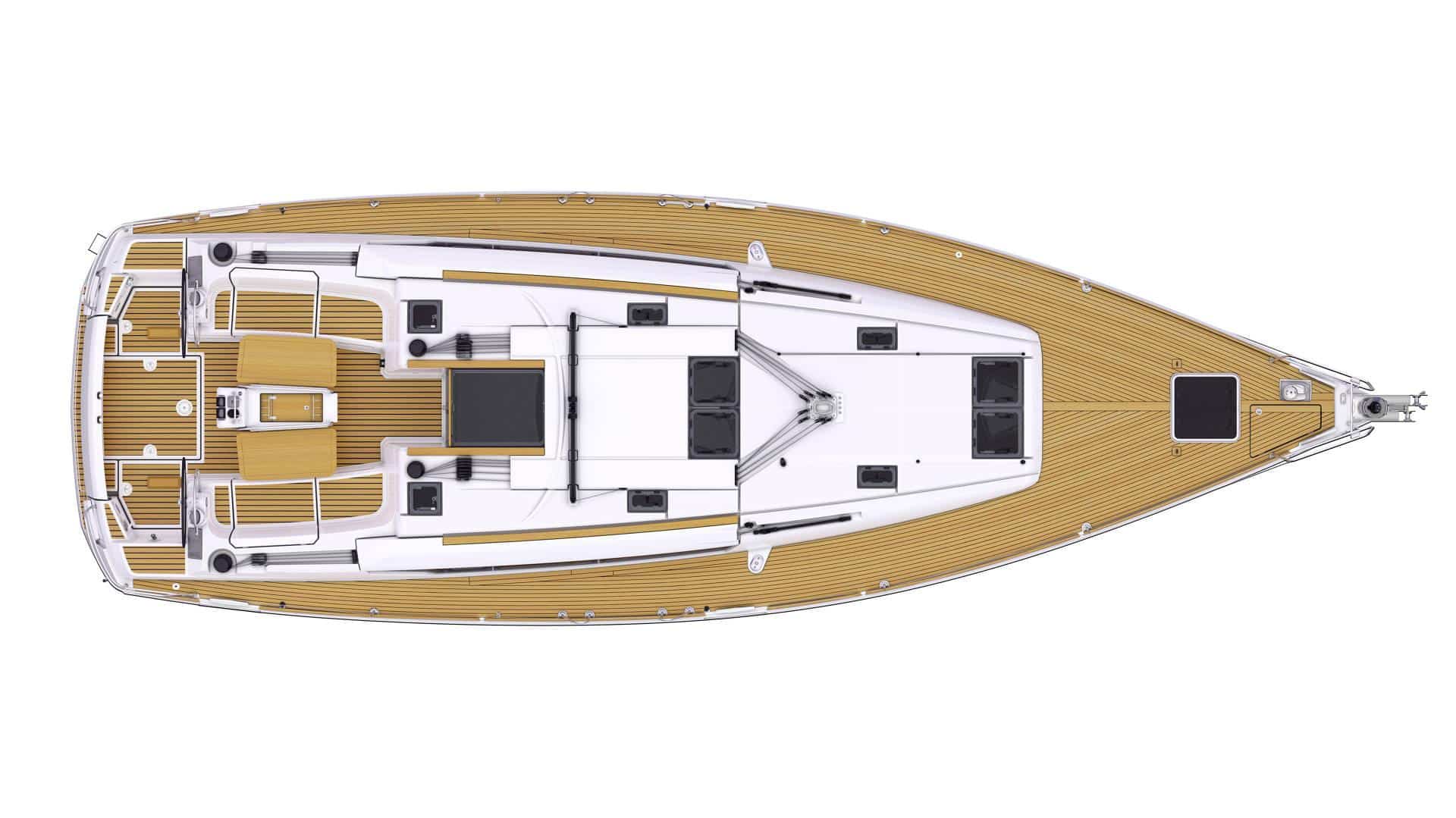 Draufsicht auf eine große Luxusyacht mit mehreren Decks, detaillierten Holzböden, weißen Sitzbereichen und eleganten Designelementen, ideal für einen Segeltörn.