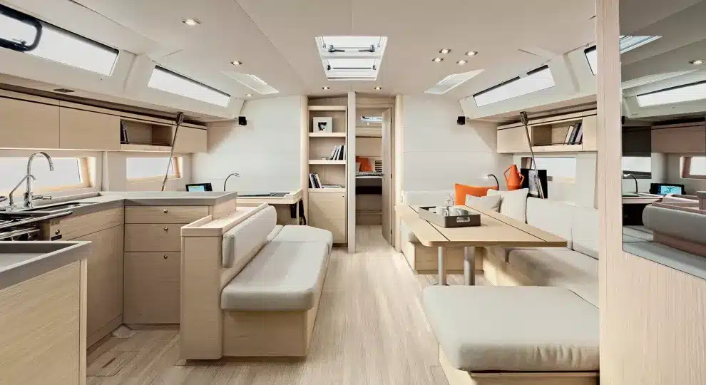 Innenansicht einer modernen Segelyachtkabine mit ordentlich angeordneten Sitzbereichen, einem Küchenbereich und einem Essbereich, alles mit heller Holzvertäfelung und weißen Akzenten ausgestattet.