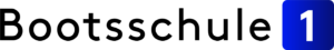 Logo with the text “Bootsschule” in black, where the last letter “e” transitions into a blue, rounded square containing the white number “1.” The design features a sleek and modern font that captures the elegance of a sailing trip.